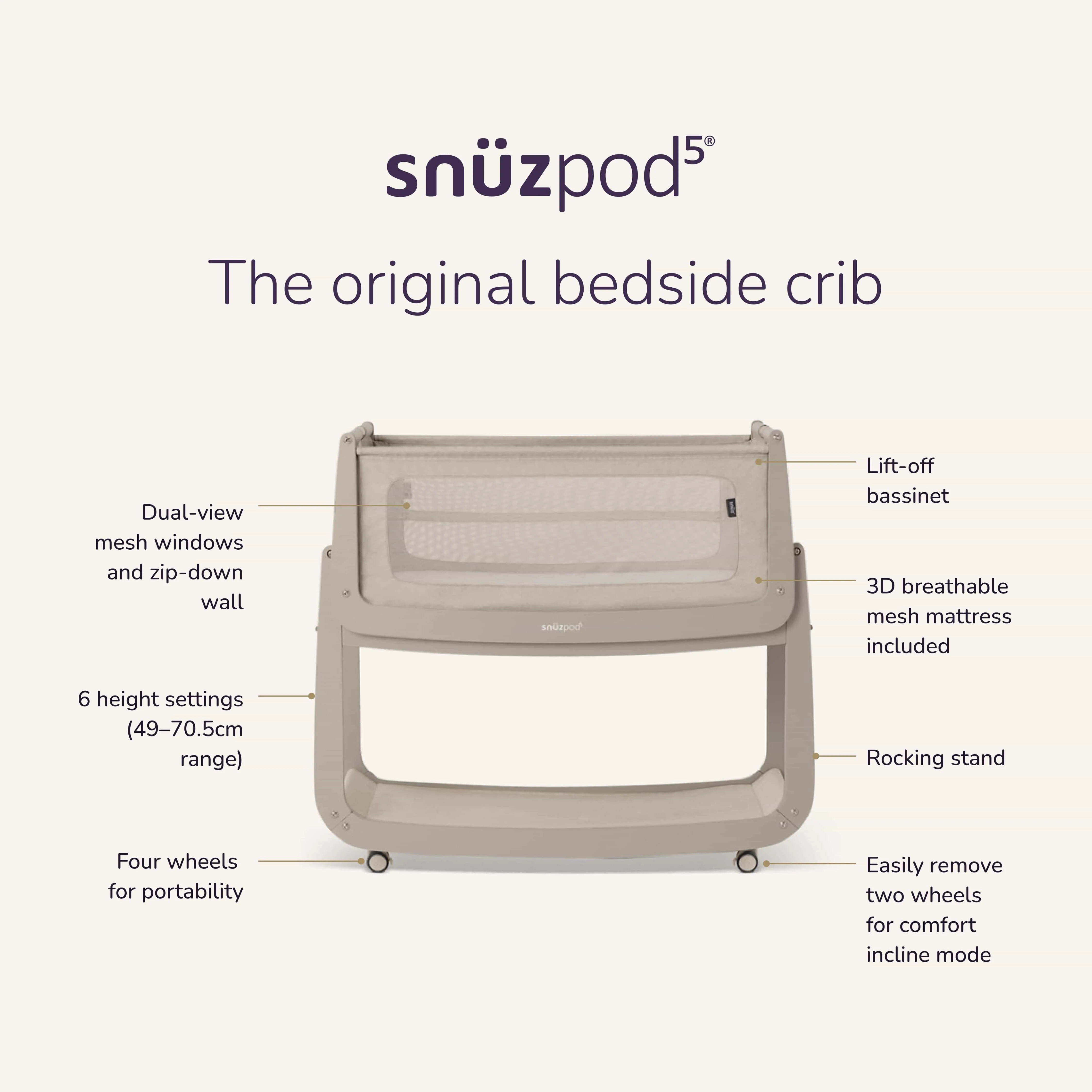SnuzPod5 Bedside Crib Pebble - Image 10